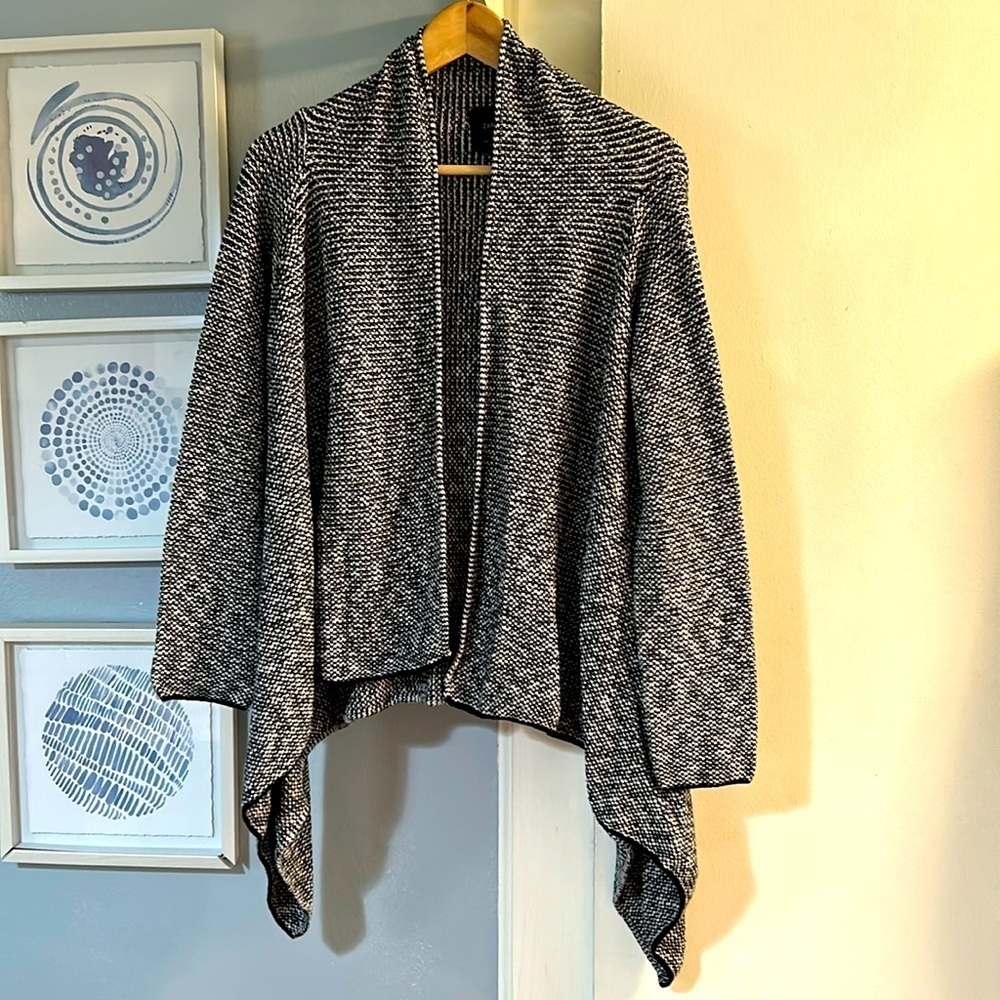 Zara Knit Tweed Open Front Long Sleeve Cardigan Sweater Black White Size L